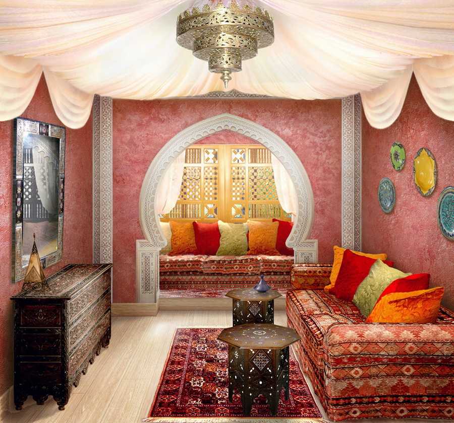 Интерьер и дизайн комнаты в арабском стиле. Примеры оформления в восточных мотивах. Меблировка, аксессуары, освещение и варианты обустройства в духе востока.