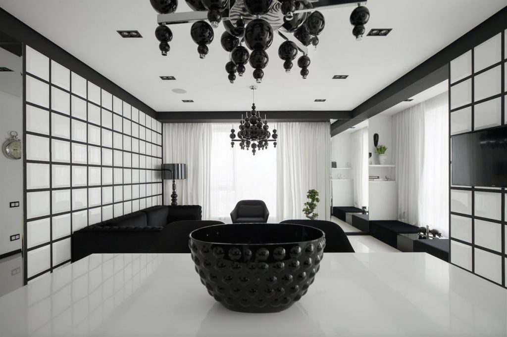 Черный глянцевый натяжной потолок в интерьере спальни, гостиной
 - 22 фото