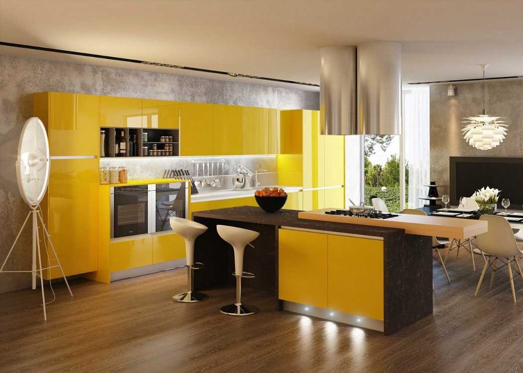 желтый кухонный гарнитур в интерьере фото